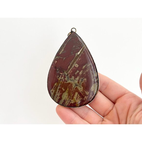 Kaleidescope Burgundy Jasper Teardrop Shaped Sterling Silver Vintage Pendant - Picture 10 of 11
